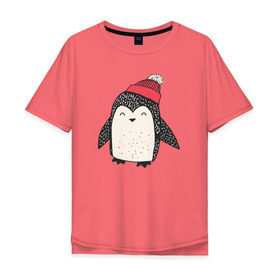 Мужская футболка хлопок Oversize с принтом Пингвин в шапке в Курске, 100% хлопок | свободный крой, круглый ворот, “спинка” длиннее передней части | Тематика изображения на принте: милота
