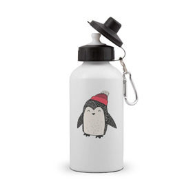 Бутылка спортивная с принтом Пингвин в шапке в Курске, металл | емкость — 500 мл, в комплекте две пластиковые крышки и карабин для крепления | Тематика изображения на принте: милота