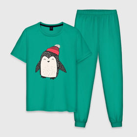 Мужская пижама хлопок с принтом Пингвин в шапке в Курске, 100% хлопок | брюки и футболка прямого кроя, без карманов, на брюках мягкая резинка на поясе и по низу штанин
 | Тематика изображения на принте: милота