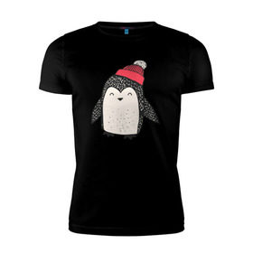 Мужская футболка премиум с принтом Пингвин в шапке в Курске, 92% хлопок, 8% лайкра | приталенный силуэт, круглый вырез ворота, длина до линии бедра, короткий рукав | Тематика изображения на принте: милота