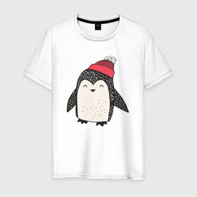 Мужская футболка хлопок с принтом Пингвин в шапке в Курске, 100% хлопок | прямой крой, круглый вырез горловины, длина до линии бедер, слегка спущенное плечо. | Тематика изображения на принте: милота
