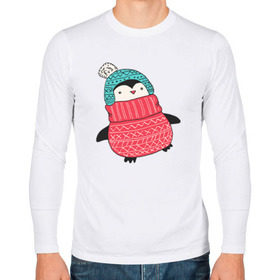Мужской лонгслив хлопок с принтом Пингвин в шапке в Курске, 100% хлопок |  | Тематика изображения на принте: 