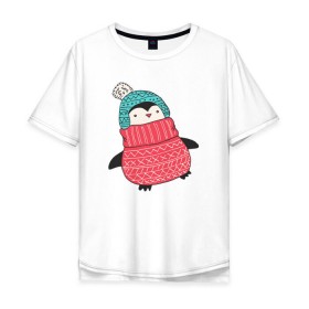 Мужская футболка хлопок Oversize с принтом Пингвин в шапке в Курске, 100% хлопок | свободный крой, круглый ворот, “спинка” длиннее передней части | 