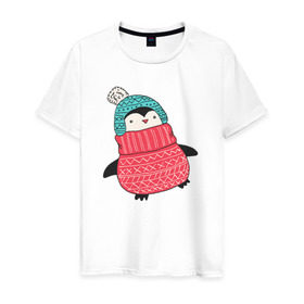 Мужская футболка хлопок с принтом Пингвин в шапке в Курске, 100% хлопок | прямой крой, круглый вырез горловины, длина до линии бедер, слегка спущенное плечо. | Тематика изображения на принте: 