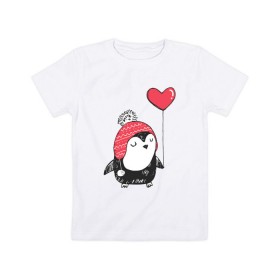 Детская футболка хлопок с принтом Пингвин с шариком в Курске, 100% хлопок | круглый вырез горловины, полуприлегающий силуэт, длина до линии бедер | милота