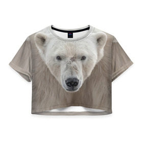 Женская футболка 3D укороченная с принтом Белый медведь в Курске, 100% полиэстер | круглая горловина, длина футболки до линии талии, рукава с отворотами | animal | bear | eyes | head | north | polar | predator | white | wild | белый | взгляд | голова | дикий | животное | медведь | полярный | север | хищник