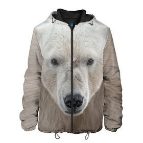 Мужская куртка 3D с принтом Белый медведь в Курске, ткань верха — 100% полиэстер, подклад — флис | прямой крой, подол и капюшон оформлены резинкой с фиксаторами, два кармана без застежек по бокам, один большой потайной карман на груди. Карман на груди застегивается на липучку | Тематика изображения на принте: animal | bear | eyes | head | north | polar | predator | white | wild | белый | взгляд | голова | дикий | животное | медведь | полярный | север | хищник