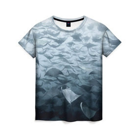 Женская футболка 3D с принтом Электрические скаты в Курске, 100% полиэфир ( синтетическое хлопкоподобное полотно) | прямой крой, круглый вырез горловины, длина до линии бедер | depth | fish | lot | ocean | power | rays | school | sea | water | вода | глубина | косяк | много | море | океан | рыбы | скаты | электрические
