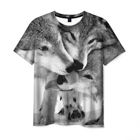 Мужская футболка 3D с принтом Волчья семья в Курске, 100% полиэфир | прямой крой, круглый вырез горловины, длина до линии бедер | animals | black   white | family | love | predators | wild | wolves | волки | дикие | животные | любовь | семья | хищники | черно   белый
