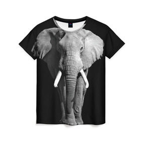 Женская футболка 3D с принтом Слон в Курске, 100% полиэфир ( синтетическое хлопкоподобное полотно) | прямой крой, круглый вырез горловины, длина до линии бедер | africa | big | black   white | elephant is an animal | shroud | tusks | африка | бивни | большой | животное | идет | савана | слон | черно   белый