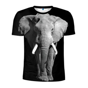 Мужская футболка 3D спортивная с принтом Слон в Курске, 100% полиэстер с улучшенными характеристиками | приталенный силуэт, круглая горловина, широкие плечи, сужается к линии бедра | Тематика изображения на принте: africa | big | black   white | elephant is an animal | shroud | tusks | африка | бивни | большой | животное | идет | савана | слон | черно   белый
