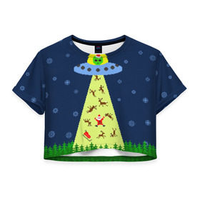 Женская футболка 3D укороченная с принтом Похищение Санта Клауса в Курске, 100% полиэстер | круглая горловина, длина футболки до линии талии, рукава с отворотами | вязанный | дед мороз | нлоб инопланетяне | новый год | рождество | свитер