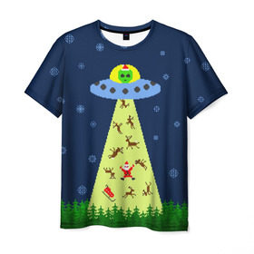 Мужская футболка 3D с принтом Похищение Санта Клауса в Курске, 100% полиэфир | прямой крой, круглый вырез горловины, длина до линии бедер | вязанный | дед мороз | нлоб инопланетяне | новый год | рождество | свитер