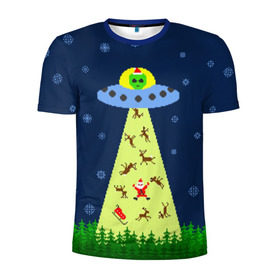 Мужская футболка 3D спортивная с принтом Похищение Санта Клауса в Курске, 100% полиэстер с улучшенными характеристиками | приталенный силуэт, круглая горловина, широкие плечи, сужается к линии бедра | Тематика изображения на принте: вязанный | дед мороз | нлоб инопланетяне | новый год | рождество | свитер
