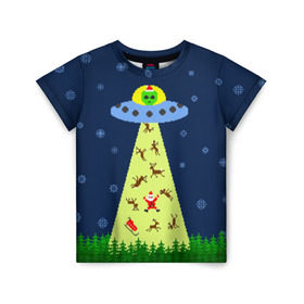 Детская футболка 3D с принтом Похищение Санта Клауса в Курске, 100% гипоаллергенный полиэфир | прямой крой, круглый вырез горловины, длина до линии бедер, чуть спущенное плечо, ткань немного тянется | вязанный | дед мороз | нлоб инопланетяне | новый год | рождество | свитер