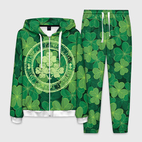 Мужской костюм 3D с принтом Ireland Happy St Patricks Day в Курске, 100% полиэстер | Манжеты и пояс оформлены тканевой резинкой, двухслойный капюшон со шнурком для регулировки, карманы спереди | background | clover | four | green | happy st. patricks day | holiday | ireland | leaf | petal | plant | print | зеленый | ирландия | клевер | лепесток | лист | печать | праздник | растение | счастливого святого патрика | фон | четыре