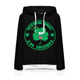 Женская толстовка 3D с принтом Ireland, Kiss me, I`m Irish в Курске, 100% полиэстер  | двухслойный капюшон со шнурком для регулировки, мягкие манжеты на рукавах и по низу толстовки, спереди карман-кенгуру с мягким внутренним слоем. | Тематика изображения на принте: animation | background | black | clover | four | green | hat | im irish | ireland | kiss me | leaf | petal | printing | smile | анимация | зелёный | ирландец | ирландия | клевер | лепесток | листок | меня | печать | поцелуй | улыбка | фон | черный | четыр