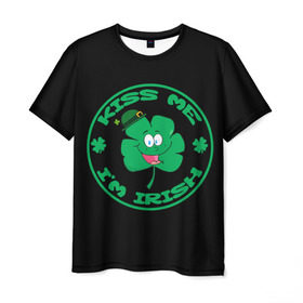 Мужская футболка 3D с принтом Ireland, Kiss me, I`m Irish в Курске, 100% полиэфир | прямой крой, круглый вырез горловины, длина до линии бедер | Тематика изображения на принте: animation | background | black | clover | four | green | hat | im irish | ireland | kiss me | leaf | petal | printing | smile | анимация | зелёный | ирландец | ирландия | клевер | лепесток | листок | меня | печать | поцелуй | улыбка | фон | черный | четыр