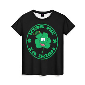 Женская футболка 3D с принтом Ireland, Kiss me, I`m Irish в Курске, 100% полиэфир ( синтетическое хлопкоподобное полотно) | прямой крой, круглый вырез горловины, длина до линии бедер | animation | background | black | clover | four | green | hat | im irish | ireland | kiss me | leaf | petal | printing | smile | анимация | зелёный | ирландец | ирландия | клевер | лепесток | листок | меня | печать | поцелуй | улыбка | фон | черный | четыр