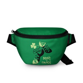 Поясная сумка 3D с принтом Ireland, Irish dance в Курске, 100% полиэстер | плотная ткань, ремень с регулируемой длиной, внутри несколько карманов для мелочей, основное отделение и карман с обратной стороны сумки застегиваются на молнию | Тематика изображения на принте: background | black | clover | dance | green | ireland | irish | petal | soft shoes | зеленый | ирландия | ирландский | клевер | лепесток | мягкая | обувь | танец | фон | черная