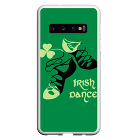 Чехол для Samsung Galaxy S10 с принтом Ireland Irish dance в Курске, Силикон | Область печати: задняя сторона чехла, без боковых панелей | Тематика изображения на принте: background | black | clover | dance | green | ireland | irish | petal | soft shoes | зеленый | ирландия | ирландский | клевер | лепесток | мягкая | обувь | танец | фон | черная