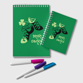 Блокнот с принтом Ireland Irish dance в Курске, 100% бумага | 48 листов, плотность листов — 60 г/м2, плотность картонной обложки — 250 г/м2. Листы скреплены удобной пружинной спиралью. Цвет линий — светло-серый
 | Тематика изображения на принте: background | black | clover | dance | green | ireland | irish | petal | soft shoes | зеленый | ирландия | ирландский | клевер | лепесток | мягкая | обувь | танец | фон | черная