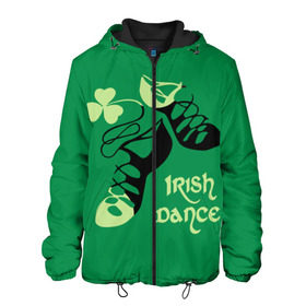Мужская куртка 3D с принтом Ireland, Irish dance в Курске, ткань верха — 100% полиэстер, подклад — флис | прямой крой, подол и капюшон оформлены резинкой с фиксаторами, два кармана без застежек по бокам, один большой потайной карман на груди. Карман на груди застегивается на липучку | background | black | clover | dance | green | ireland | irish | petal | soft shoes | зеленый | ирландия | ирландский | клевер | лепесток | мягкая | обувь | танец | фон | черная