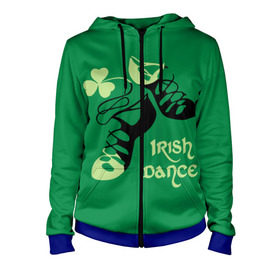 Женская толстовка 3D на молнии с принтом Ireland, Irish dance в Курске, 100% полиэстер | длина до линии бедра, манжеты и пояс оформлены мягкой тканевой резинкой, двухслойный капюшон со шнурком для регулировки, спереди молния, по бокам два кармана | background | black | clover | dance | green | ireland | irish | petal | soft shoes | зеленый | ирландия | ирландский | клевер | лепесток | мягкая | обувь | танец | фон | черная