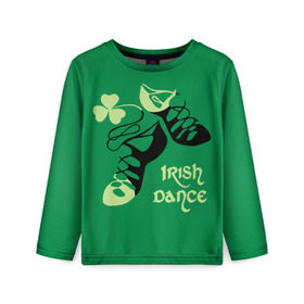 Детский лонгслив 3D с принтом Ireland, Irish dance в Курске, 100% полиэстер | длинные рукава, круглый вырез горловины, полуприлегающий силуэт
 | Тематика изображения на принте: background | black | clover | dance | green | ireland | irish | petal | soft shoes | зеленый | ирландия | ирландский | клевер | лепесток | мягкая | обувь | танец | фон | черная