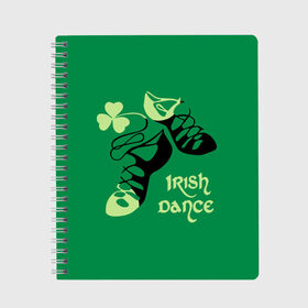 Тетрадь с принтом Ireland Irish dance в Курске, 100% бумага | 48 листов, плотность листов — 60 г/м2, плотность картонной обложки — 250 г/м2. Листы скреплены сбоку удобной пружинной спиралью. Уголки страниц и обложки скругленные. Цвет линий — светло-серый
 | Тематика изображения на принте: background | black | clover | dance | green | ireland | irish | petal | soft shoes | зеленый | ирландия | ирландский | клевер | лепесток | мягкая | обувь | танец | фон | черная