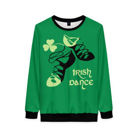 Женский свитшот 3D с принтом Ireland, Irish dance в Курске, 100% полиэстер с мягким внутренним слоем | круглый вырез горловины, мягкая резинка на манжетах и поясе, свободная посадка по фигуре | Тематика изображения на принте: background | black | clover | dance | green | ireland | irish | petal | soft shoes | зеленый | ирландия | ирландский | клевер | лепесток | мягкая | обувь | танец | фон | черная