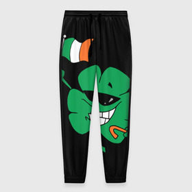 Мужские брюки 3D с принтом Ирландия, клевер с флагом в Курске, 100% полиэстер | манжеты по низу, эластичный пояс регулируется шнурком, по бокам два кармана без застежек, внутренняя часть кармана из мелкой сетки | animation | background | black | clover | flag | ireland | smile | stick | teeth | анимация | зубы | ирландия | клевер | очки | палка | улыбка | флаг | фон | черный
