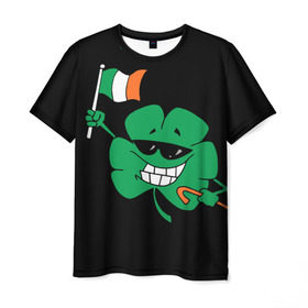 Мужская футболка 3D с принтом Ирландия, клевер с флагом в Курске, 100% полиэфир | прямой крой, круглый вырез горловины, длина до линии бедер | animation | background | black | clover | flag | ireland | smile | stick | teeth | анимация | зубы | ирландия | клевер | очки | палка | улыбка | флаг | фон | черный