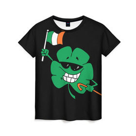 Женская футболка 3D с принтом Ирландия, клевер с флагом в Курске, 100% полиэфир ( синтетическое хлопкоподобное полотно) | прямой крой, круглый вырез горловины, длина до линии бедер | animation | background | black | clover | flag | ireland | smile | stick | teeth | анимация | зубы | ирландия | клевер | очки | палка | улыбка | флаг | фон | черный