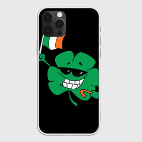 Чехол для iPhone 12 Pro с принтом Ирландия, клевер с флагом в Курске, силикон | область печати: задняя сторона чехла, без боковых панелей | animation | background | black | clover | flag | ireland | smile | stick | teeth | анимация | зубы | ирландия | клевер | очки | палка | улыбка | флаг | фон | черный