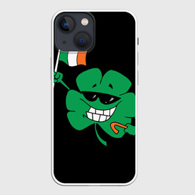 Чехол для iPhone 13 mini с принтом Ирландия, клевер с флагом в Курске,  |  | animation | background | black | clover | flag | ireland | smile | stick | teeth | анимация | зубы | ирландия | клевер | очки | палка | улыбка | флаг | фон | черный