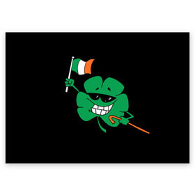 Поздравительная открытка с принтом Ирландия, клевер с флагом в Курске, 100% бумага | плотность бумаги 280 г/м2, матовая, на обратной стороне линовка и место для марки
 | animation | background | black | clover | flag | ireland | smile | stick | teeth | анимация | зубы | ирландия | клевер | очки | палка | улыбка | флаг | фон | черный
