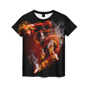 Женская футболка 3D с принтом Огненный танец в Курске, 100% полиэфир ( синтетическое хлопкоподобное полотно) | прямой крой, круглый вырез горловины, длина до линии бедер | background | black | dance | dancer | energy | fire | flame | flying | male | мужчина | огненный | пламя | полет | танец | танцор | фон | черный | энергия