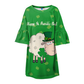 Детское платье 3D с принтом Ирландия в Курске, 100% полиэстер | прямой силуэт, чуть расширенный к низу. Круглая горловина, на рукавах — воланы | Тематика изображения на принте: irish | sheep | st. patricks day | зеленый | ирландец | лепрекон | оваечка | овца