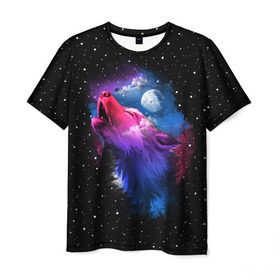 Мужская футболка 3D с принтом Воющий волк в Курске, 100% полиэфир | прямой крой, круглый вырез горловины, длина до линии бедер | Тематика изображения на принте: animal | beast | cosmic | galaxy | moon | planet | rage | roar | space | star | universe | wild | wolf | волк | вселенная | галактика | животное | звезды | зверь | космос | луна | планета | рык | ярость