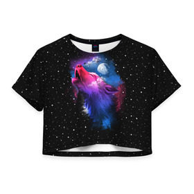 Женская футболка 3D укороченная с принтом Воющий волк в Курске, 100% полиэстер | круглая горловина, длина футболки до линии талии, рукава с отворотами | animal | beast | cosmic | galaxy | moon | planet | rage | roar | space | star | universe | wild | wolf | волк | вселенная | галактика | животное | звезды | зверь | космос | луна | планета | рык | ярость