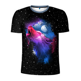 Мужская футболка 3D спортивная с принтом Воющий волк в Курске, 100% полиэстер с улучшенными характеристиками | приталенный силуэт, круглая горловина, широкие плечи, сужается к линии бедра | animal | beast | cosmic | galaxy | moon | planet | rage | roar | space | star | universe | wild | wolf | волк | вселенная | галактика | животное | звезды | зверь | космос | луна | планета | рык | ярость