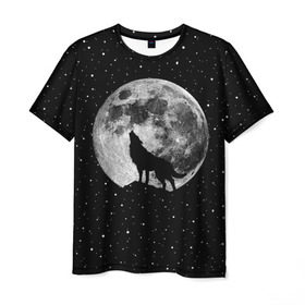 Мужская футболка 3D с принтом Лунный волк в Курске, 100% полиэфир | прямой крой, круглый вырез горловины, длина до линии бедер | animal | beast | cosmic | galaxy | moon | planet | rage | roar | space | star | universe | wild | wolf | волк | вселенная | галактика | животное | звезды | зверь | космос | луна | планета | рык | ярость