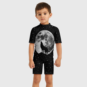 Детский купальный костюм 3D с принтом Лунный волк в Курске, Полиэстер 85%, Спандекс 15% | застежка на молнии на спине | animal | beast | cosmic | galaxy | moon | planet | rage | roar | space | star | universe | wild | wolf | волк | вселенная | галактика | животное | звезды | зверь | космос | луна | планета | рык | ярость