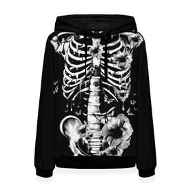 Женская толстовка 3D с принтом Floral Skeleton в Курске, 100% полиэстер  | двухслойный капюшон со шнурком для регулировки, мягкие манжеты на рукавах и по низу толстовки, спереди карман-кенгуру с мягким внутренним слоем. | art | bone | dark | death | fashion | flower | hipster | skelet | skull | арт | грудь | кости | мода | ребра | скелет | стиль | темный | хипстер | цвет | череп
