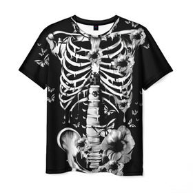 Мужская футболка 3D с принтом Floral Skeleton в Курске, 100% полиэфир | прямой крой, круглый вырез горловины, длина до линии бедер | art | bone | dark | death | fashion | flower | hipster | skelet | skull | арт | грудь | кости | мода | ребра | скелет | стиль | темный | хипстер | цвет | череп