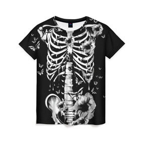 Женская футболка 3D с принтом Floral Skeleton в Курске, 100% полиэфир ( синтетическое хлопкоподобное полотно) | прямой крой, круглый вырез горловины, длина до линии бедер | art | bone | dark | death | fashion | flower | hipster | skelet | skull | арт | грудь | кости | мода | ребра | скелет | стиль | темный | хипстер | цвет | череп