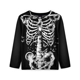 Детский лонгслив 3D с принтом Floral Skeleton в Курске, 100% полиэстер | длинные рукава, круглый вырез горловины, полуприлегающий силуэт
 | art | bone | dark | death | fashion | flower | hipster | skelet | skull | арт | грудь | кости | мода | ребра | скелет | стиль | темный | хипстер | цвет | череп