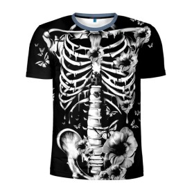 Мужская футболка 3D спортивная с принтом Floral Skeleton в Курске, 100% полиэстер с улучшенными характеристиками | приталенный силуэт, круглая горловина, широкие плечи, сужается к линии бедра | art | bone | dark | death | fashion | flower | hipster | skelet | skull | арт | грудь | кости | мода | ребра | скелет | стиль | темный | хипстер | цвет | череп