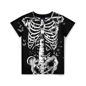 Детская футболка 3D с принтом Floral Skeleton в Курске, 100% гипоаллергенный полиэфир | прямой крой, круглый вырез горловины, длина до линии бедер, чуть спущенное плечо, ткань немного тянется | art | bone | dark | death | fashion | flower | hipster | skelet | skull | арт | грудь | кости | мода | ребра | скелет | стиль | темный | хипстер | цвет | череп